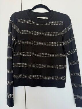 alice + olivia Black Crewneck Sweater with Rhinestone Trim